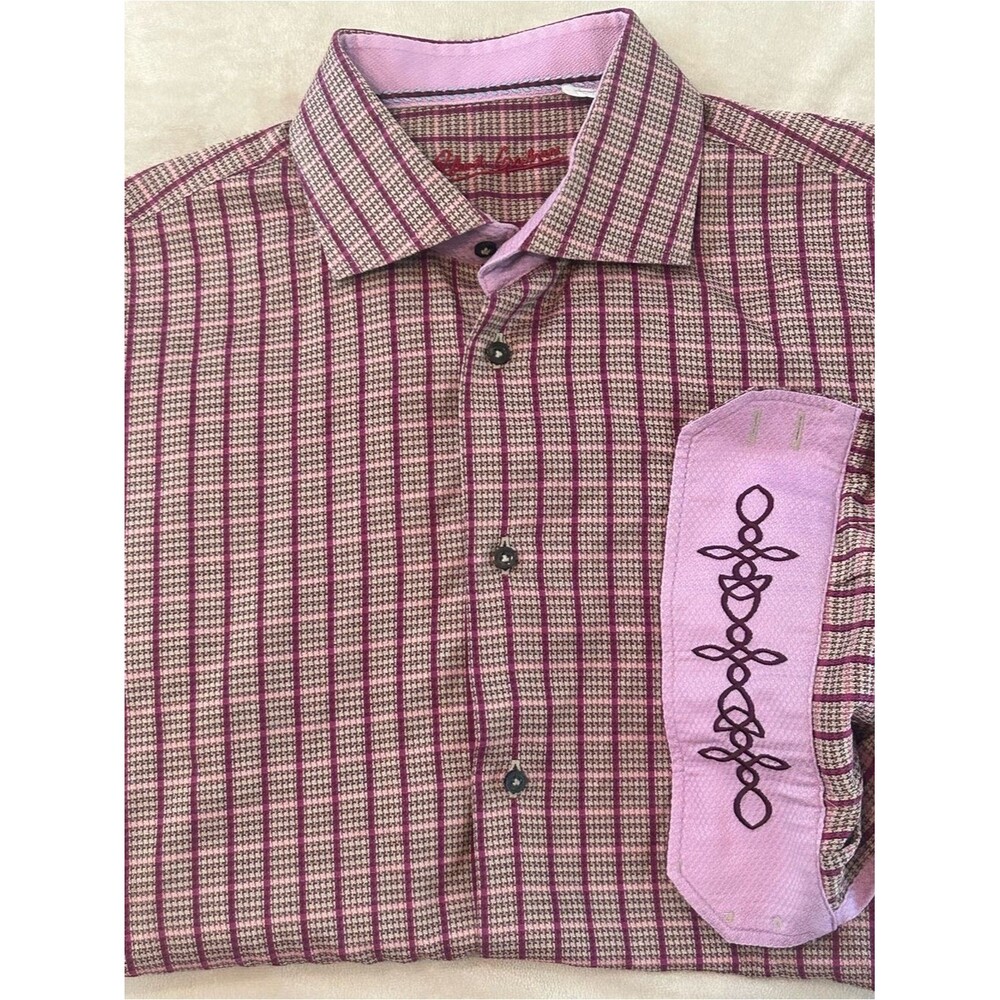 Robert Graham Mens Large Pink Plaid Houndstooth Flip Cuff Button Up Shirt 16.5